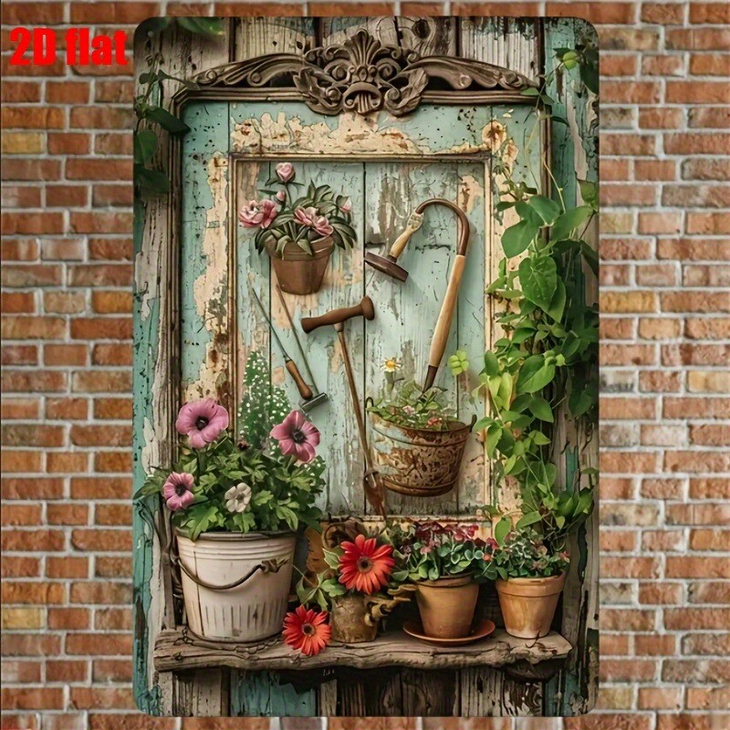 Vintage Floral Metal Tin Sign  - Gardening Tools Vintage review and price